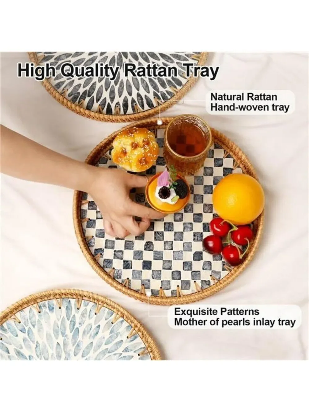 Round Rattan Tray Black Mother of Pearl Inlay Coffee Table Kitchen Decor